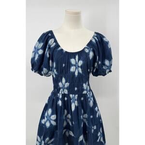 Sea New York Isla Navy Blue Shibori Floral Puff Sleeve Smocked Dress S 4